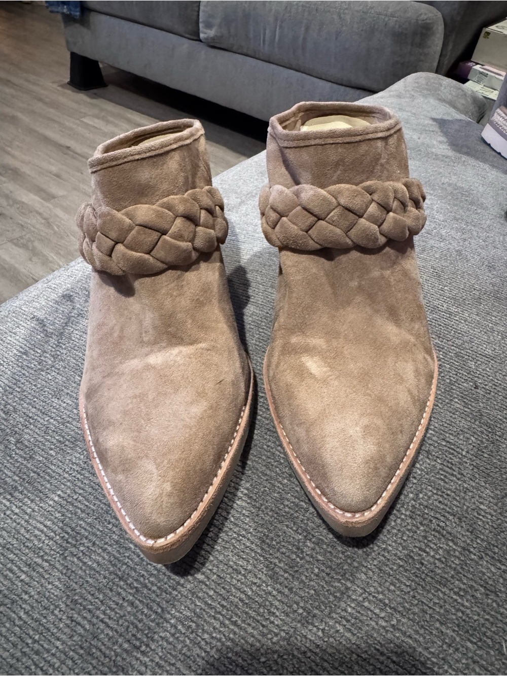 Dolce Vita Taupe Braided Strap Suede Ankle Booties